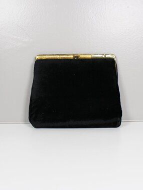 Vintage Black Velvet Evening Clutch Bag Gold Tone Frame Classic Cocktail Purse